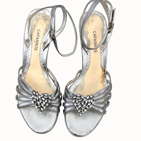 CAPARROS METALLIC SILVER LEATHER RHINESTONE HEART ANKLE STRAP SANDALs HEELS - 7B - Picture 8 of 11